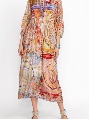 Johnny Was Garden Mosaic Tile Britta Floral Silk Midi-Dress size S